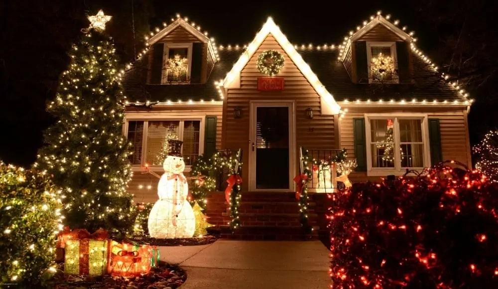 Christmas decorated shop houses outside