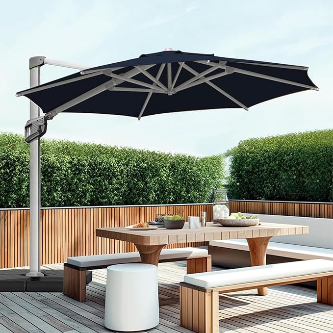 BLUU Redwood 11FT Patio Squrare Umbrella Offset Cantilever Umbrella Aluminum Market Hanging Umbrellas with 360° Rotation Device and Unlimited Tilting System & Cross Base (Navy Blue)