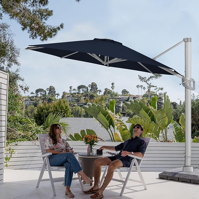 blue square patio umbrella canvas offset BLUU BANQUET 12ft Aluminum Patio Umbrella Cantilever Offset Umbrella 60 Month Fade Resistance & UV Protection Outtra Recycled Fabric, 360 Rotation