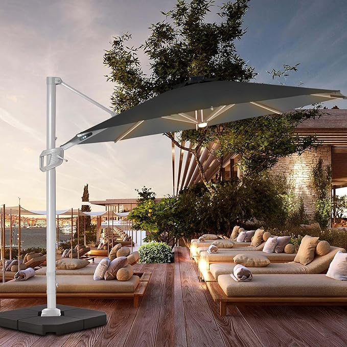 grey patio umbrella with solar lights BLUU 12 FT Solar Cantilever Umbrella LED Aluminum Offset Umbrella with Strip Lights and Center light(Grey)