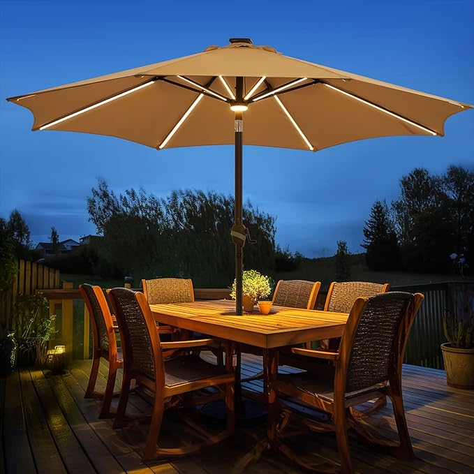 BLUU 10 FT Solar LED Patio Umbrella Aluminum Market Table Umbrellas with 16 LED Strip Lights & Hub Light, Aluminum Frame, Premium 3-Year Nonfading Olefin Fabric (Cream Beige)