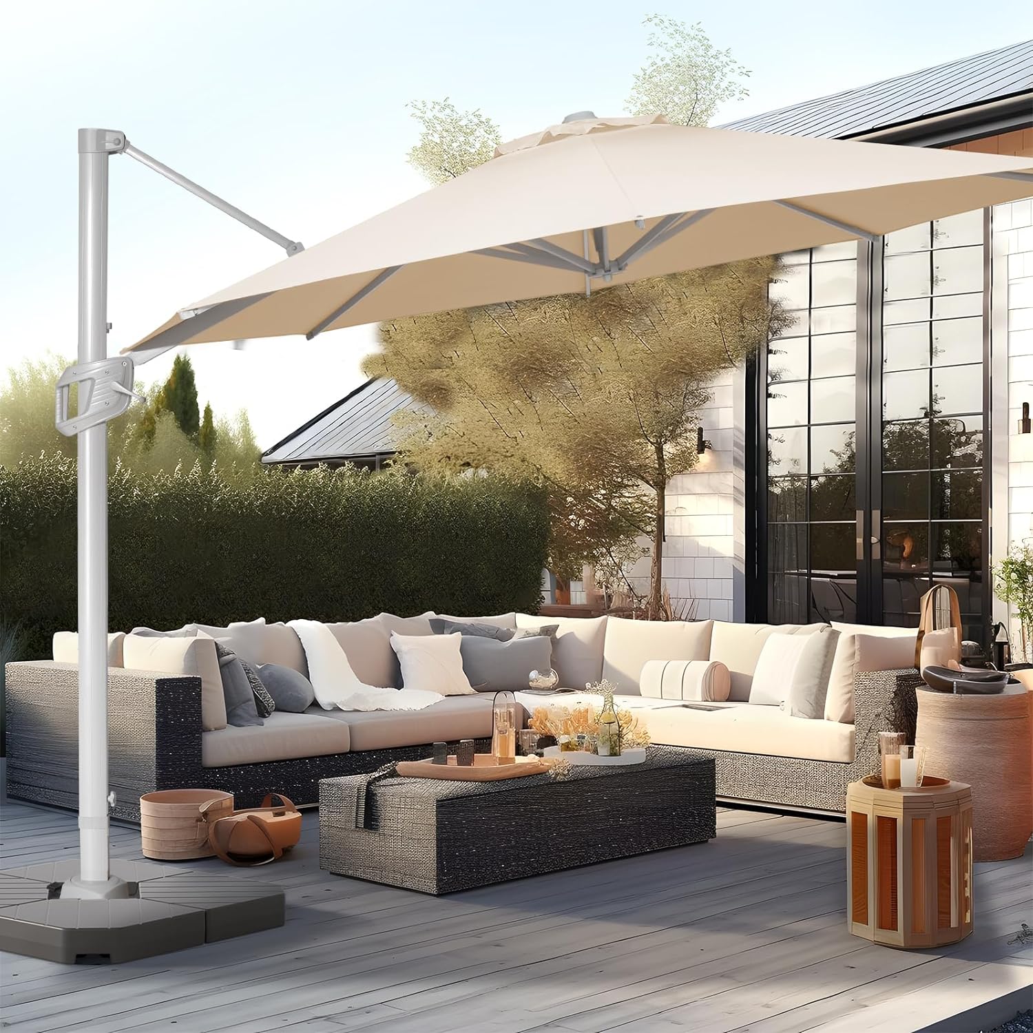 BLUU BANQUET 12ft Aluminum Patio Umbrella Cantilever Offset Umbrella 60 Month Fade Resistance & UV Protection Outtra Recycled Fabric, 360 Rotation with Aluminum Pole with Cross Base (Beige)
