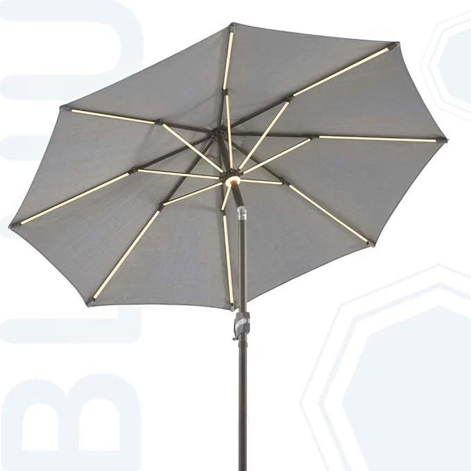 BLUU MAPLE 10 FT Outdoor Solar Patio Umbrellas, LED Table Umbrella with 16 LED Strip Lights & Hub Light, Aluminum Frame, 36 Month Fade Resistance & UV Protection Fabric (Grey)