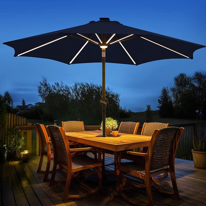 BLUU MAPLE 10 FT Outdoor Solar Patio Umbrellas, LED Table Umbrella with 16 LED Strip Lights & Hub Light, Aluminum Frame, 36 Month Fade Resistance & UV Protection Fabric (Navy Blue)