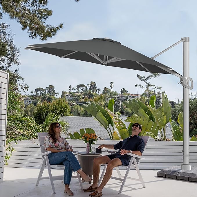 BLUU BANQUET 12ft Aluminum Patio Umbrella Cantilever Offset Umbrella 60 Month Fade Resistance & UV Protection Outtra Recycled Fabric, 360 Rotation with Aluminum Pole Cross Base (Grey)