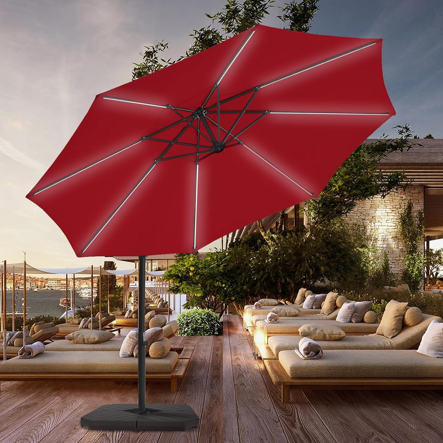 BLUU 10 FT Patio Offset Umbrella Outdoor Cantilever Umbrella Hanging Umbrellas, Fade Resistant Crank & Cross Base (Burgundy, 10 FT WITH LIGHTS&COVER)