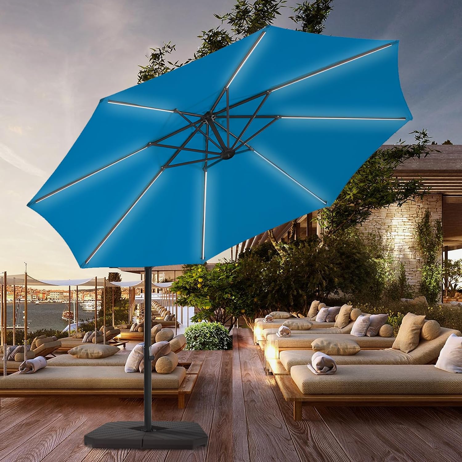 BLUU 10 FT Patio Offset Umbrella Outdoor Cantilever Umbrella Hanging Umbrellas, Fade Resistant Crank & Cross Base (Royal Blue, 10 FT WITH LIGHTS&COVER)