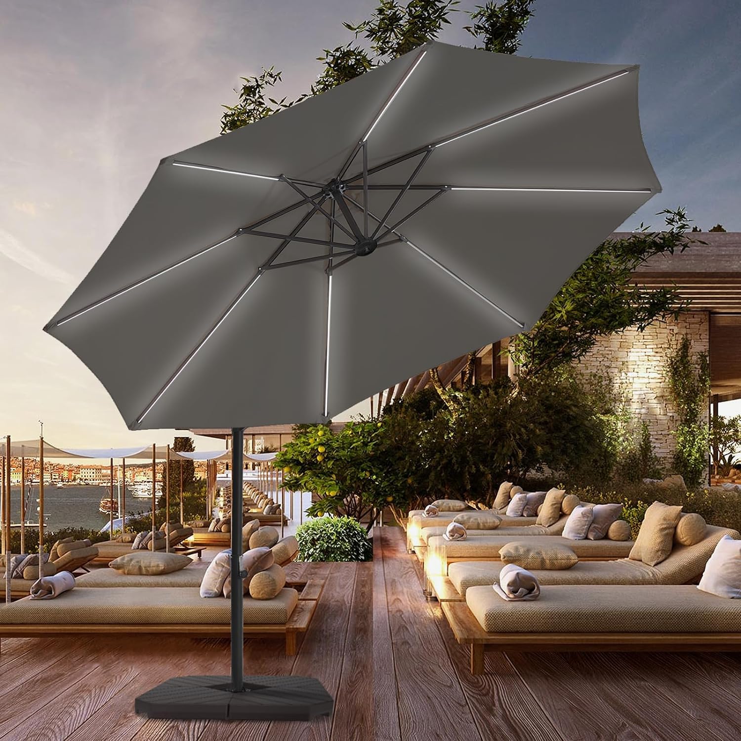 BLUU 10 FT Patio Offset Umbrella Outdoor Cantilever Umbrella Hanging Umbrellas, Fade Resistant Crank & Cross Base (Dark Grey, 10 FT WITH LIGHTS)