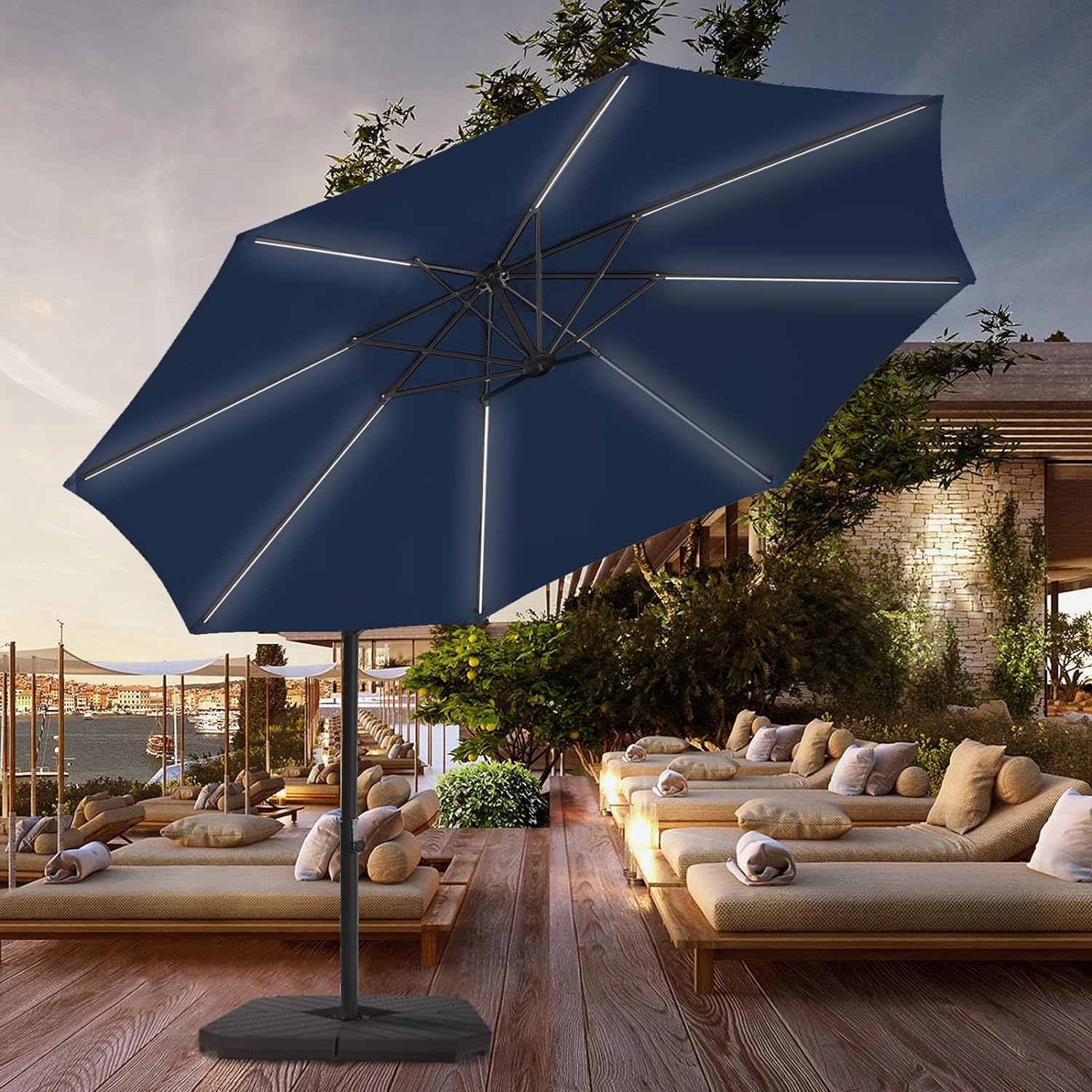 BLUU 10 FT Patio Offset Umbrella Outdoor Cantilever Umbrella Hanging Umbrellas, Fade Resistant Crank & Cross Base (Navy Blue, 10 FT WITH LIGHTS&COVER)