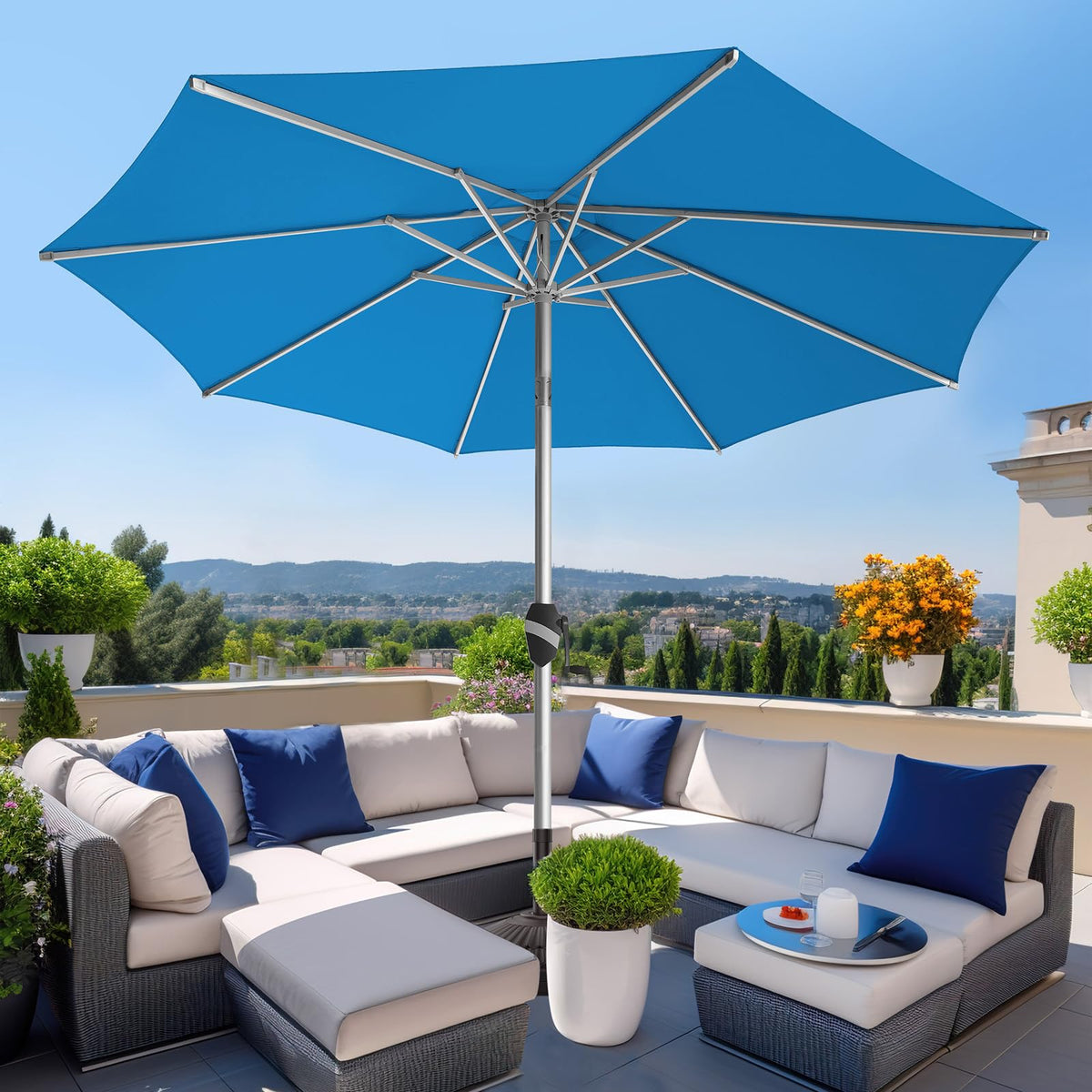 BLUU Aluminum Outdoor Patio Umbrella, 5-YEAR Fade-Resistant Outdoor Market Table Umbrella with Push Button Tilt, for Pool, Deck, Garden and Lawn,Royal