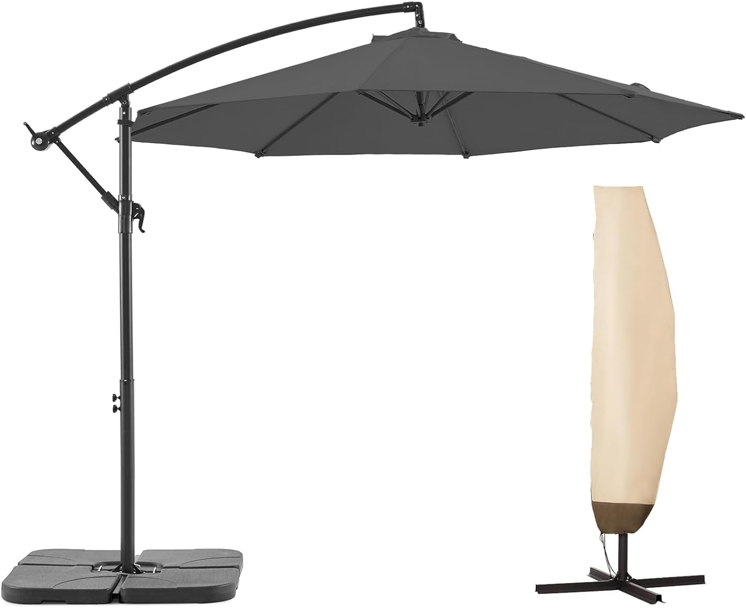 BLUU BANYAN 10 FT Patio Offset Umbrella Cantilever Hanging Umbrellas, 24 Month Fade Resistance & Water-repellent UV Protection, Crank & Cross Base (Grey, 10 FT WITH 600D COVER)