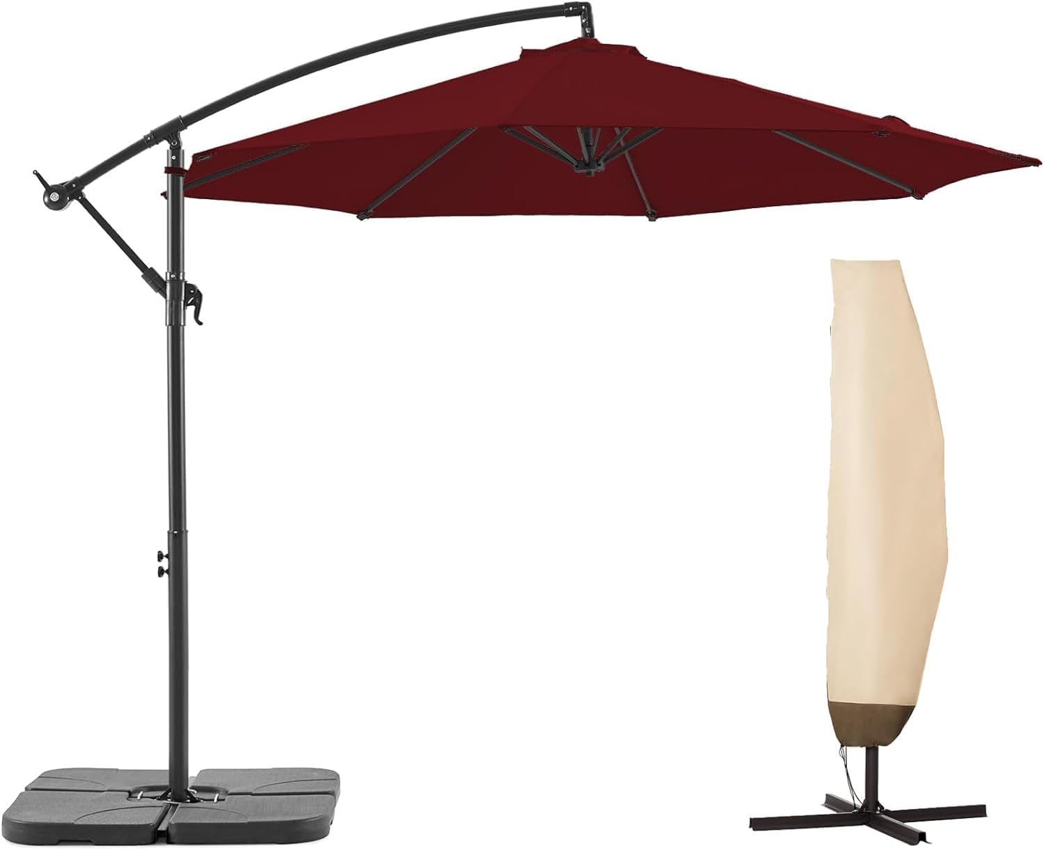 BLUU BANYAN 10 FT Patio Offset Umbrella Cantilever Hanging Umbrellas, 24 Month Fade Resistance & Water-repellent UV Protection, Crank & Cross Base (Burgundy, 10 FT WITH 600D COVER)