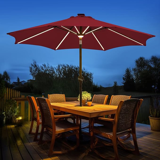 BLUU MAPLE 9 FT Outdoor Solar Patio Umbrella LED Table Umbrellas with 16 LED Strip Lights & Hub Light, Aluminum Frame, 3 YEARS Fade Resistance & UV Protection Fabric (Burgundy)